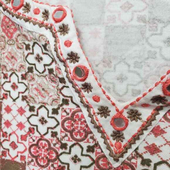 Chico's Cotton/Modal Patchwork Embellished Split Neck 3/4 Sleeve Blouse Sz 3(XL) - Picture 4 of 8